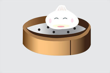 Cartoon steamed bun in bamboo dish