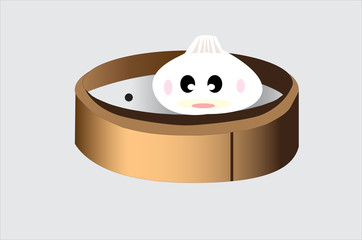 Cartoon steamed bun in bamboo dish