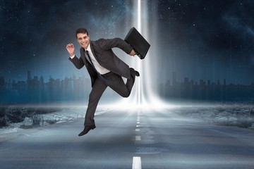 Fototapeta premium Composite image of cheerful businessman in a hurry