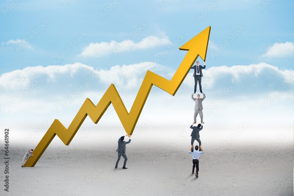 Poster composite image of business team holding up arrow