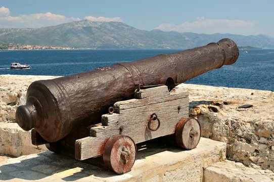 Old cannon at old fortress in medieval town Korcula in Croatia