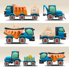Set of trucks and tractors for transportation