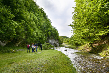 Fototapeta premium Hikers group cross the mountain river ford
