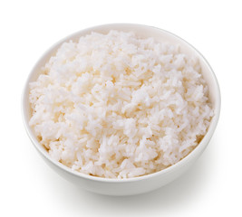 Rice in a bowl on a white background