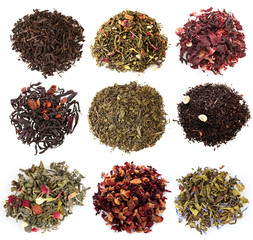 Collage of aromatic dry tea isolated on white