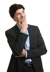 Portrait of happy smiling young businessman, isolated on white b