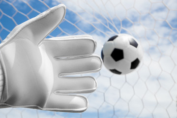 Goalkeeper's hands fail catching the soccer ball with net and bl