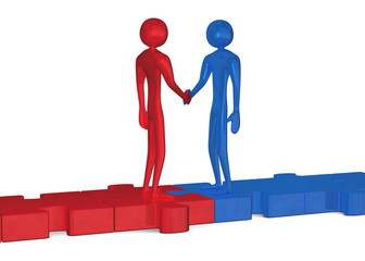 Blue and red 3d people on puzzles shaking hands