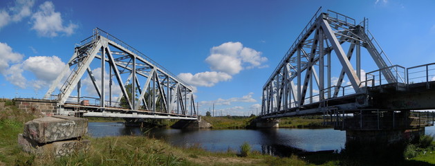 Panorama of two railway bridges (Riga, Latvia)