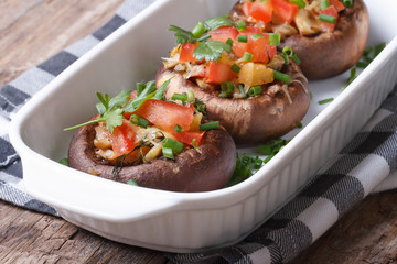 Portobello mushrooms stuffed with vegetables close-up