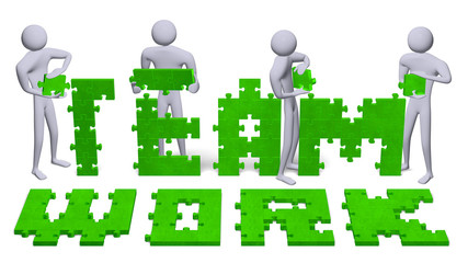 3d people assembling teamwork text of green puzzles