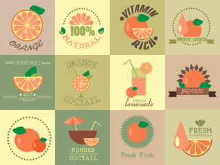 Vector set of retro icons with orange and fresh juice