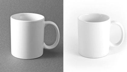 White cup on gray and white background.