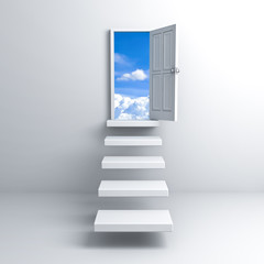 Ladder to the sky door over white wall background