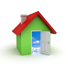 3d simple house model with door open to sky isolated