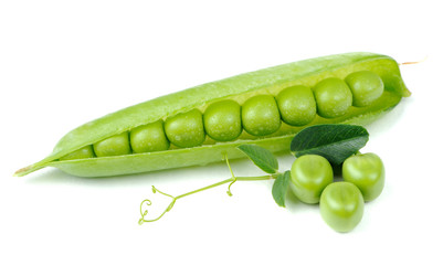 Green Peas in Open Pod Isolated on White Background