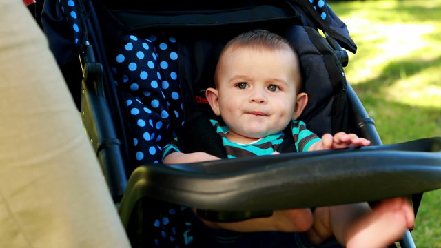 Little baby boy sitting in his pram in the park