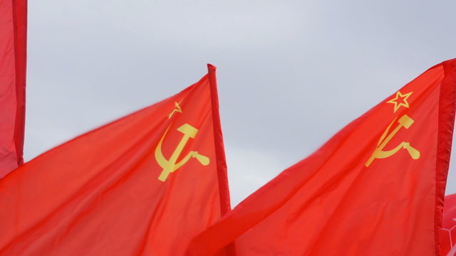 Soviet flags flying. Red flags in the wind.