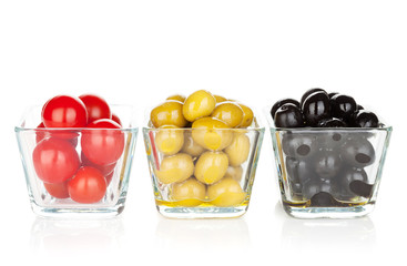 Cherry tomatoes, black and green olives