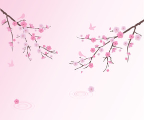 Obraz na płótnie Canvas vector cherry blossom with birds and water circles