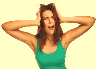 Fototapeta premium woman screaming wild hair opened her mouth prislanila hands to h