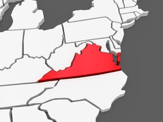 Three-dimensional map of Virginia. USA.