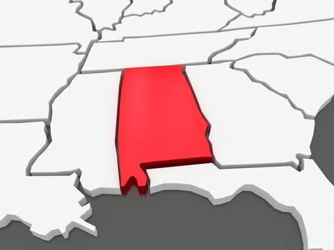 Three-dimensional map of Alabama. USA.