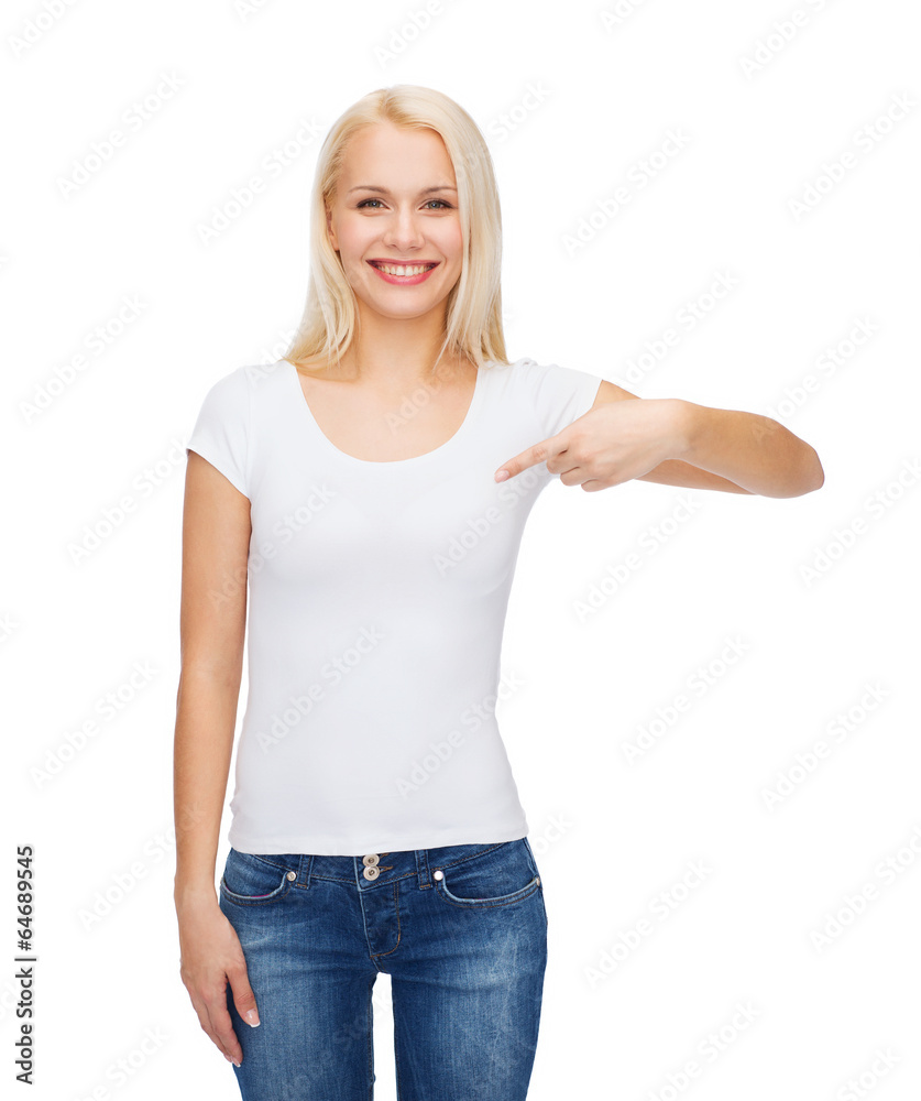 Poster smiling young woman in blank white t-shirt