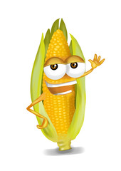 Happy corn cartoon character, smiling and waving hand.