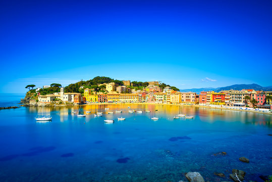 Sestri Levante, silence bay sea harbor and beach view. Liguria,
