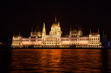 View of parliament from Danube river at night
