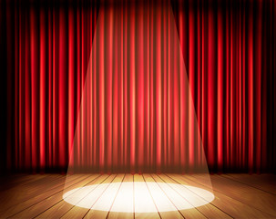 A theater stage with a red curtain and a spotlight. Vector.