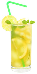 Fruit lemonade with lime and ice cubes in a glass