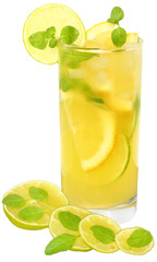 Fruit lemonade with lime and ice cubes in a glass