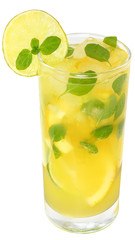 Fruit lemonade with lime and ice cubes in a glass