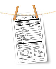 Nutrition facts label hanging on a rope. Vector.