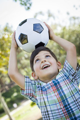 Cute Young Boy Playing with Soccer Ball in Park