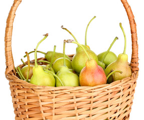 ripe pears in basket isolated on white.