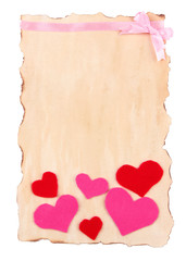Beautiful sheet of paper with decorative hearts, isolated