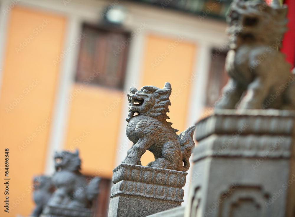 Wall mural lion statue in chinese temple in hong kong