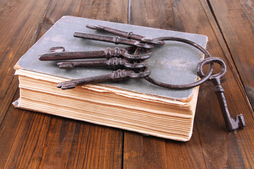 Old keys on old book on wooden background