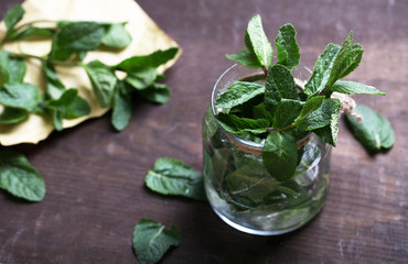 Mint in glass jar on wooden background