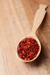 Spice pepper in spoon on wooden background