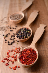 Different spices in spoons on wooden background