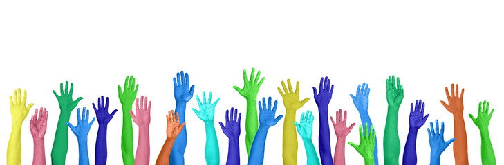 Obraz premium Colorful Hands Raised On White Background
