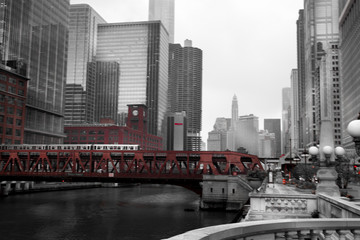 Train crossing a bridge in a city, Lake Street Bridge, Chicago R