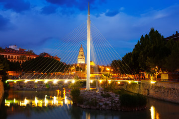 pedestrian bridge with Cathedral  in night. Murcia, Spain