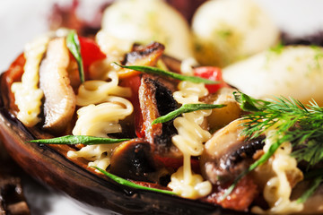 stuffed eggplant and potatoes with mushrooms