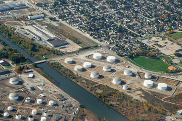 Aerial view of an oil refinery, Alberta, Canada