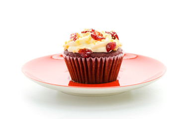 Red cupcake velvet isolated white background
